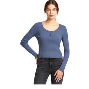 Aeropostale Aero Womens Top Blue L Henley Cropped Casual Soft Girl Stretch 90's